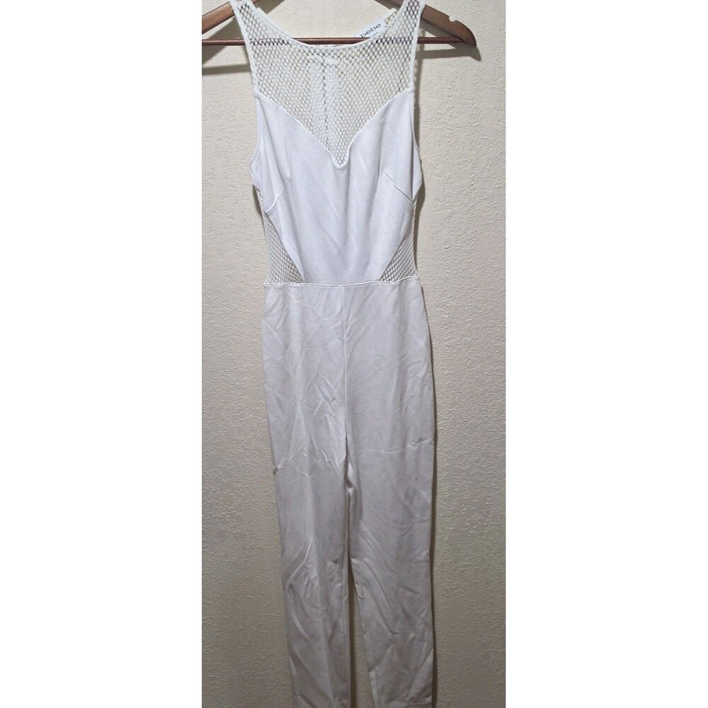 Bebe White Sleeveless Jumpsuit Mesh Panel Cutout Clubwear Party Size S Petite